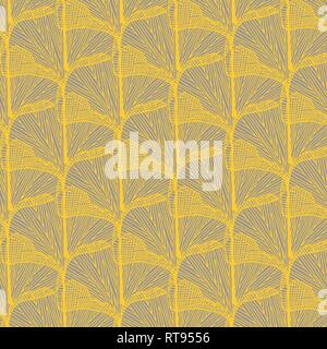 Gold and gray ginkgo leaves overlap vector pattern Stock Vector
