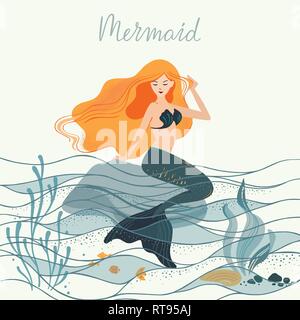 Vector illustration of a mermaid with long hair sitting at the bottom of the ocean on a stone. Stock Vector