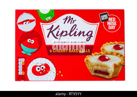 Box of Mr Kipling 6 cherry bakewells exceedingly good cakes isolated on white background for comic relief red nose day Stock Photo