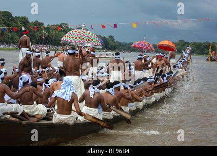 decorated boats also called palliyodam and rowers from Aranmula Boat Race,the oldest river boat fiesta in Kerala,Aranmula,snake boat race,india Stock Photo