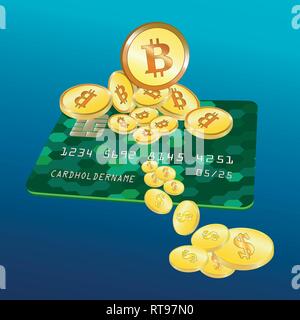 Bitcoin Sign .Credit card. The withdrawal of money. Bitcoin exchange for the dollar. Blue. Vector Stock Vector