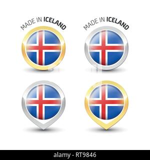 Made in Iceland - Guarantee label with the Icelandic flag inside round gold and silver icons. Stock Vector