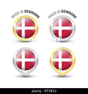 Made in Denmark - Guarantee label with the Danish flag inside round gold and silver icons. Stock Vector