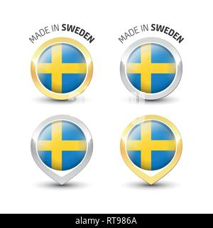 Made in Sweden - Guarantee label with the Swedish flag inside round gold and silver icons. Stock Vector