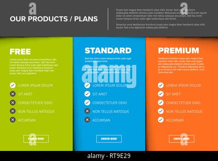 Product / service price comparison cards with description and icons Stock Vector