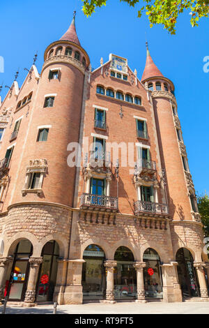 Barcelona, Spain - August 27, 2014: The Casa de les Punxes or Casa Terradas is a building designed by the modernist architect Josep Puig i Cadafalch,  Stock Photo