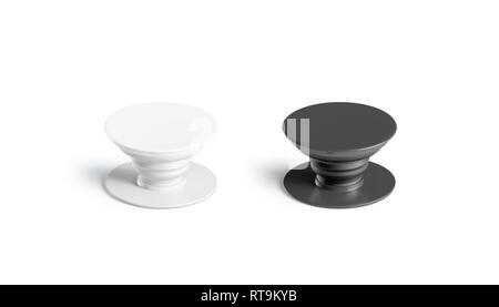 Blank black and white phone pop socket mockup set, isolated, 3d rendering. Empty glue accessory mock up. Clear sticky pad for smartphone. Circle rubberized popgrip template. Stock Photo