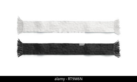 Blank black and white knitted scarf mockup set, isolated, 3d rendering. Empty textile accessory mock up, top view. Clear casual garment for christmas or soccer template. Stock Photo