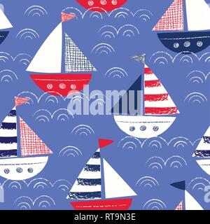 Whimsical Hand-Drawn with Crayons Ships in the Sea Vector Seamless Pattern. Cute Nautical Marine Background. Sea, Ocean Drawings Stock Vector