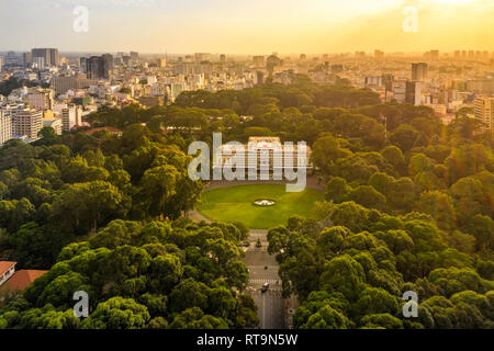 Top view aerial of Independence Palace or Reunification Palace and center Ho Chi Minh City, Vietnam with development buildings, transportation Stock Photo