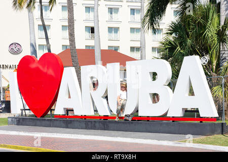 'I Love Aruba' sign, Lloyd G. Smith Blvd, Oranjestad, Aruba, ABC Islands, Leeward Antilles, Caribbean Stock Photo