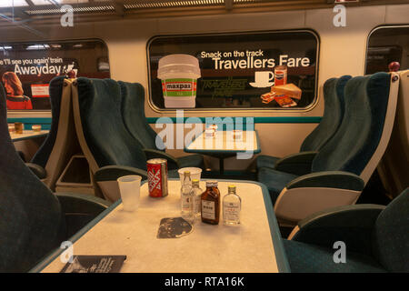 Tables inside a 1970's InterCity Pullman Business class carriage on display in the National Railway Museum, York, UK. Stock Photo