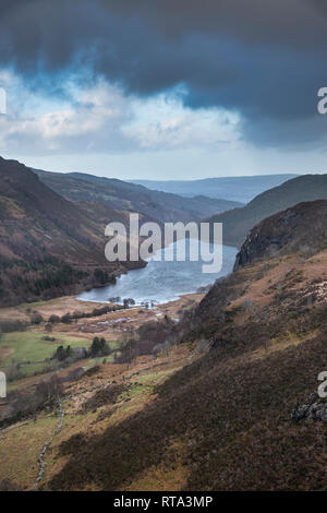 Landscape image of view from peak of Crimpiau towards Llyn Crafnant in Snowdonia Stock Photo