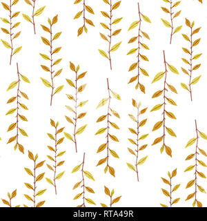 2d hand drawn watercolor seamless background. Colorful autumn branches, leaves. Botanical elements. Pattern for textile, wrapping, branding. Stock Photo