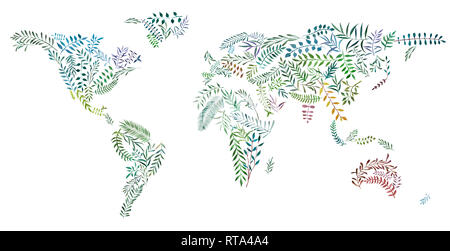 2d hand drawn illustration of world map. Earth continents from watercolor leaves and branches. Colorful continents isolated on white background. Ecolo Stock Photo