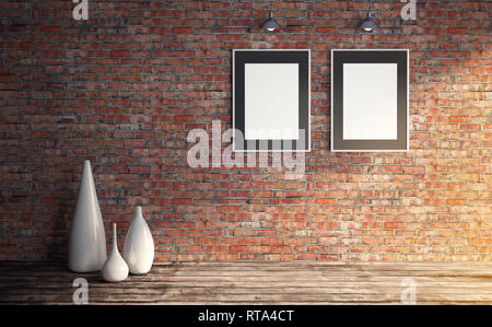 Blank white paper poster in black passepartout at rough red brick wall, poster mock up. Presentation for artwork. Sunny loft room interior with set of Stock Photo