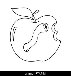 worm in apple cute funny black and white cartoon vector illustration for coloring art Stock Vector