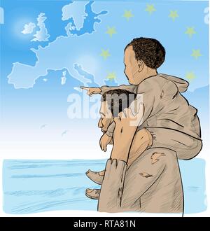 father and son immigrants in front of the European map. vector illustration Stock Vector