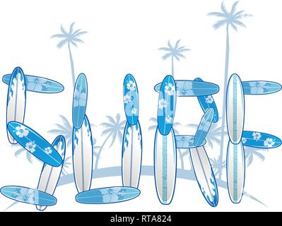 written with blue surfboards with palm tree.vector illustration Stock Vector