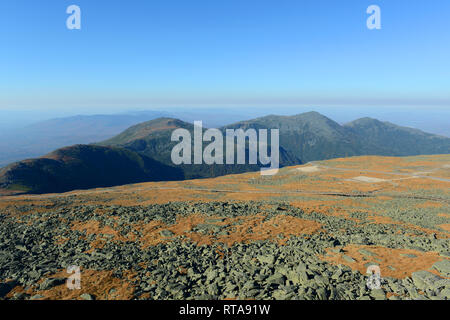 Mount Jefferson, Mount Adams, and Mount Madison in fall with foliage from summit of Mount Washington, White Mountains, New Hampshire, USA Stock Photo