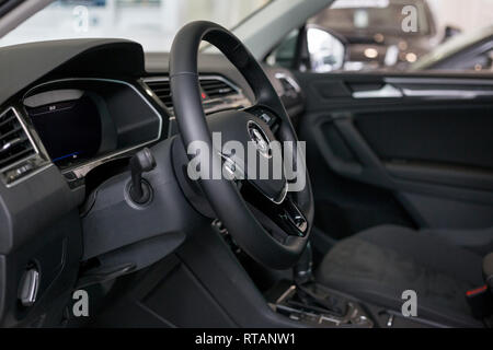 Russia, Izhevsk - February 15, 2019: Showroom Volkswagen. Interior of a new modern car. Famous world brand. Stock Photo