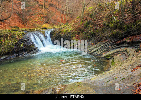 small forest waterfall in autumn. beautiful nature scenery on the river with rocky shore. clear water, fallen foliage and moss on the boulders Stock Photo