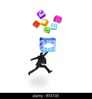 Businessman hitting cloud box illuminated colorful app icons floating isolated on white background Stock Photo