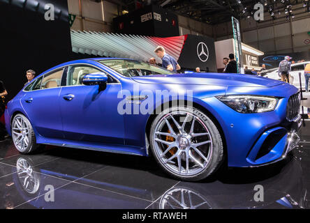 GENEVA, SWITZERLAND - MARCH 7, 2018: New 2019 Mercedes AMG GT 4-door Coupe car showcased at the 88th Geneva International Motor Show. Stock Photo