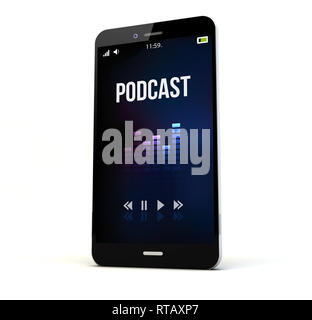 render of a phone with podcast on the screen isolated. Screen graphics are made up. Stock Photo