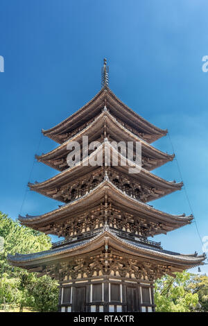 Five-story wooden pagoda (Go-Ju-No-To) at Kofuku-ji temple. Japan's National Treasure. Located at Noborioji District in Nara city, Japan Stock Photo