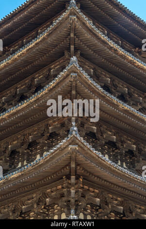 Detail of Five-story wooden pagoda (Go-Ju-No-To) at Kofuku-ji temple. Japan's National Treasure. Located at Noborioji District in Nara city, Japan Stock Photo