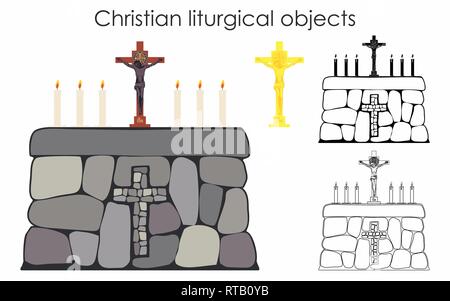 Christian liturgical objects and stone table. Black fill. Outline only. Stock Vector