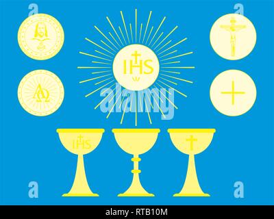 Christian liturgical objects. Host. Consecrated bread and chalice. Stock Vector