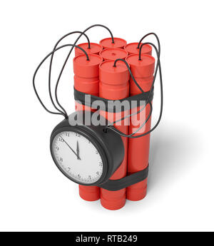 3d rendering of a bundle of dynamite sticks with a clock attached to the side of it on a white background. Stock Photo