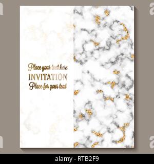 Luxury and elegant wedding invitation cards with marble texture and gold glitter background. Modern wedding invitation. Stock Vector