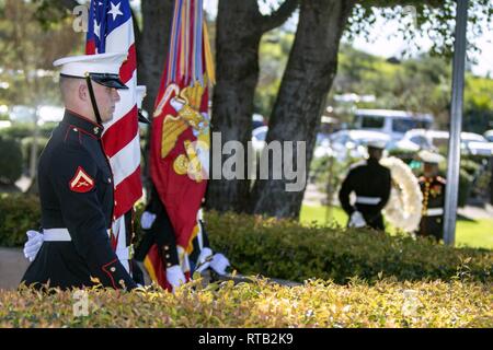 The Ronald Reagan Presidential Foundation and Institute and U.S. Marines with Marine Corps Base Camp Pendleton conduct the Ronald Reagan Wreath Laying ceremony at the Ronald Reagan Presidential Foundation and Library, Simi Valley, California, Feb. 6, 2019. The ceremony was held in honor of President Reagan as a tribute to his faithful service to the United States, and in celebration of what would have been his 108th birthday. Stock Photo