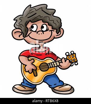 Cartoon Hispanic boy playing guitar vector illustration Stock Vector