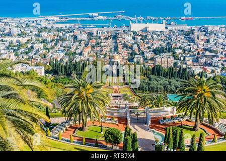 Bahai gardens and temple on the slopes of the Carmel Mountain and view of the Mediterranean Sea and bay of Haifa city, Israel Stock Photo