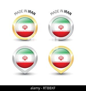 Made in Iran - Guarantee label with the Iranian flag inside round gold and silver icons. Stock Vector