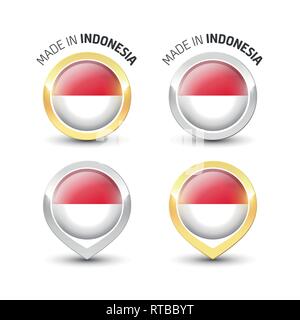 Made in Indonesia - Guarantee label with the Indonesian flag inside round gold and silver icons. Stock Vector