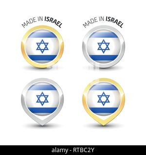 Made in Israel - Guarantee label with the Israeli flag inside round gold and silver icons. Stock Vector