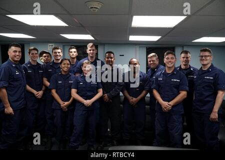 The crew of Coast Guard Cutter Mellon (WHEC 717) embarked ship riders from Tuvalu to enforce fisheries laws in each partner nations' respective exclusive economic zones (EEZ) in early 2019. The Mellon’s boarding teams and the fisheries officers conducted a professional exchange and law enforcement training, sharing tactics and best practices. Stock Photo