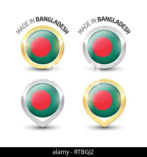 Made in Bangladesh - Guarantee label with the flag of Bangladesh inside round gold and silver icons. Stock Vector