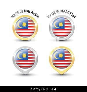Made in Malaysia - Guarantee label with the Malaysian flag inside round gold and silver icons. Stock Vector