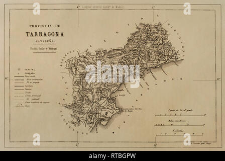 Map. Province of Tarragona, 1866. Crónica General de España, Historia Ilustrada y Descriptiva de sus Provincias. Catalonia. 1866. Stock Photo