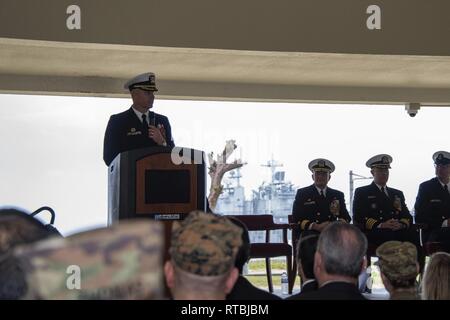 WHITE BEACH, Okinawa - (Feb. 8, 2018) - Capt. Robert Mathewson gives remarks during a change of command ceremony at White Beach Naval Facility in Uruma City, Okinawa, Japan, Feb 8. Mathewson was relieved by Capt. Scott Hardy as the commanding officer of Commander, Fleet Activities Okinawa. Fleet Activities Okinawa supports the full spectrum of Navy operations on Okinawa, and its major tenant commands are Commander Task Force 76, Naval Mobile Construction Battalion 3 and Patrol and Reconnaissance Force 7th Fleet. Stock Photo