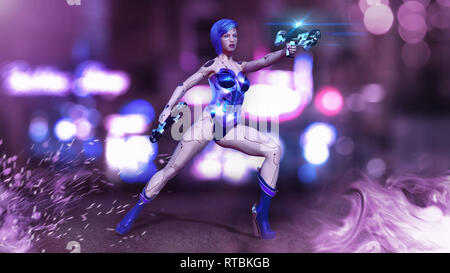 Cyborg girl armed with guns, female battle robot shooting, sci-fi android woman in the night city, 3D rendering Stock Photo