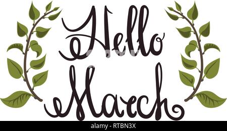 Spring card. Hello March lettering typography. Vector illustration Stock Vector