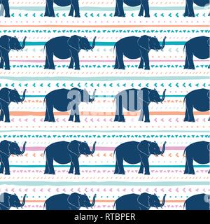 Decorative repeat seamless pattern with hand drawn elephants lines and triangles. Hand painted orange, teal, purple and blue stripes and triangles on  Stock Vector