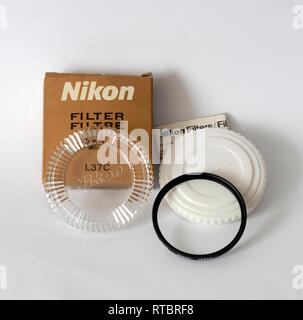 Filter for photographic camera lens. Nikon brand, in its original box Stock Photo